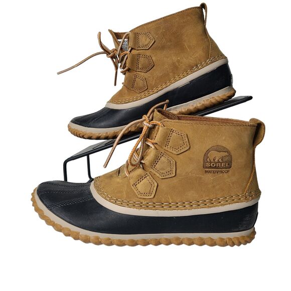 SOREL Out N About Womens SZ 7 Brown Leather Waterproof Duck Ankle Duck Boots - Picture 1 of 11